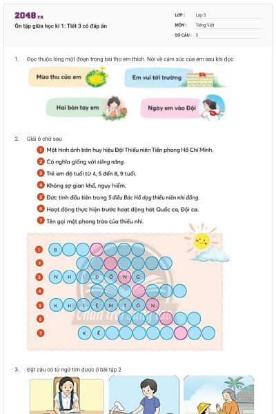 Ôn tập giữa học kì 1: Tiết 3 có đáp án