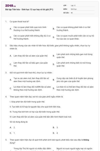 Bài tập Tiến hóa - Sinh học 12 cực hay có lời giải (P1)