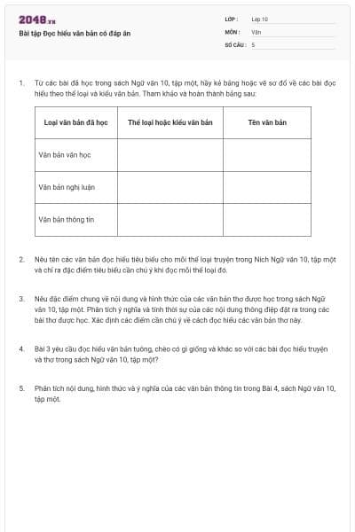 Bài tập Đọc hiểu văn bản có đáp án