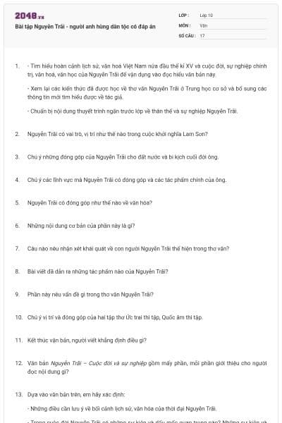 Bài tập Nguyễn Trãi - người anh hùng dân tộc có đáp án