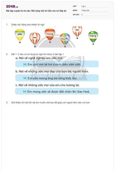 Bài tập Luyện từ và câu: Mở rộng vốn từ Ước mơ có đáp án