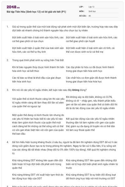 Bài tập Tiến Hóa (Sinh học 12) có lời giải chi tiết (P1)