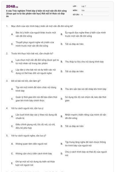 6 câu Trắc nghiệm Trình bày ý kiến về một vấn đề đời sống (được gợi ra từ tác phẩm văn học) Kết nối tri thức có đáp án