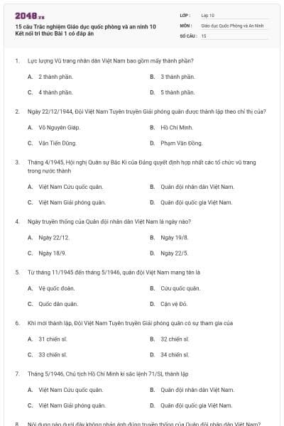 15 câu Trắc nghiệm Giáo dục quốc phòng và an ninh 10 Kết nối tri thức Bài 1 có đáp án