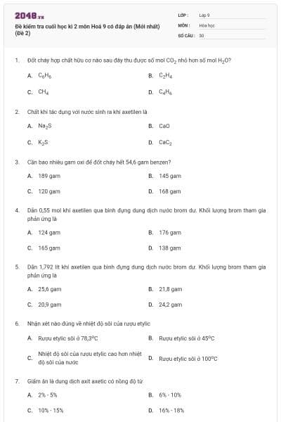 Đề kiểm tra cuối học kì 2 môn Hoá 9 có đáp án (Mới nhất) (Đề 2)