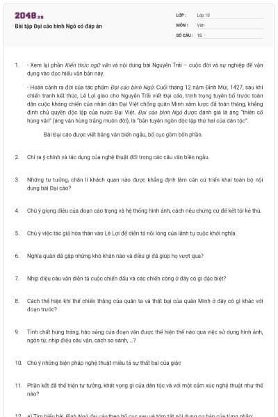 Bài tập Đại cáo bình Ngô có đáp án