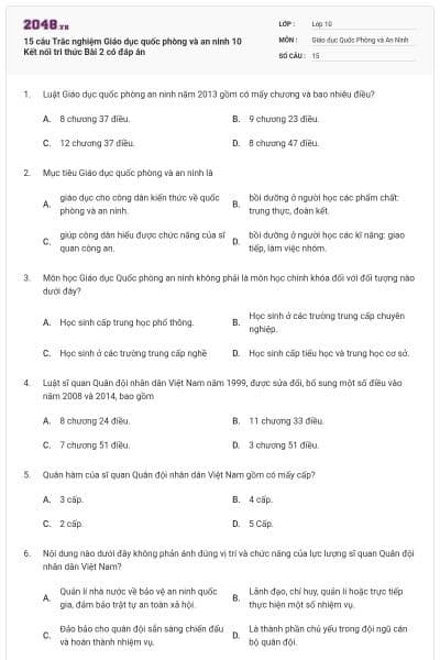 15 câu Trắc nghiệm Giáo dục quốc phòng và an ninh 10 Kết nối tri thức Bài 2 có đáp án