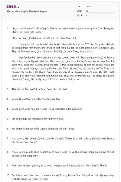 Bài tập Hồi trống Cổ Thành có đáp án