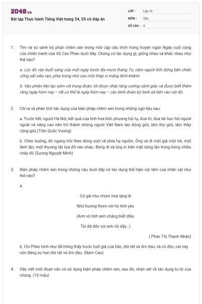 Bài tập Thực hành Tiếng Việt trang 54, 55 có đáp án