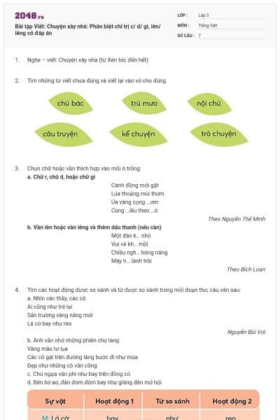 Bài tập Viết: Chuyện xây nhà: Phân biệt chỉ trị c/ d/ gi, iên/ iêng có đáp án