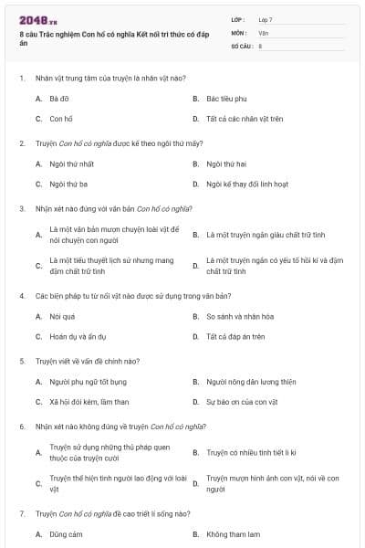 8 câu Trắc nghiệm Con hổ có nghĩa Kết nối tri thức có đáp án
