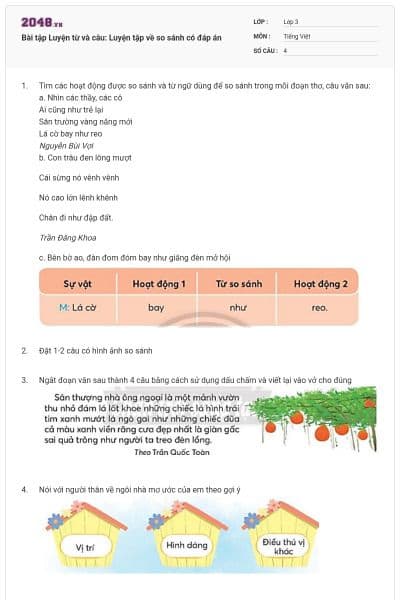 Bài tập Luyện từ và câu: Luyện tập về so sánh có đáp án