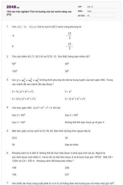 100 câu trắc nghiệm Tích vô hướng của hai vectơ nâng cao (P3)