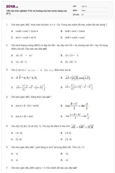 100 câu trắc nghiệm Tích vô hướng của hai vectơ nâng cao (P1)