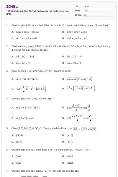 100 câu trắc nghiệm Tích vô hướng của hai vectơ nâng cao (P1)