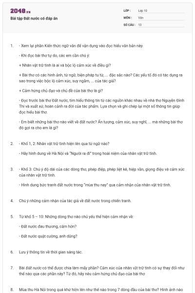 Bài tập Đất nước có đáp án