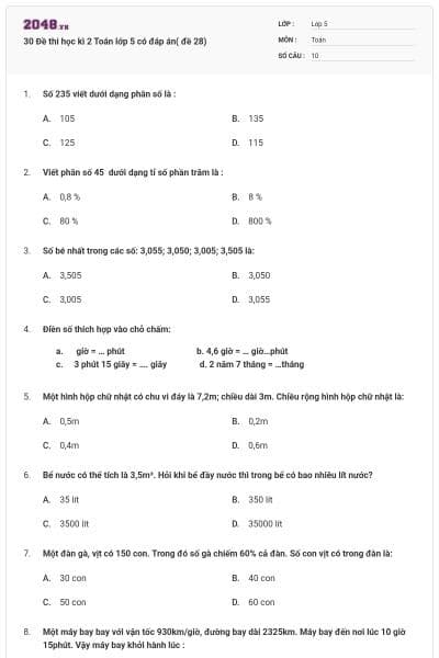 30 Đề thi học kì 2 Toán lớp 5 có đáp án( đề 28)