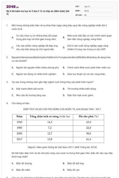 Bộ 6 Đề kiểm tra học kì 2 Địa lí 12 có đáp án (Mới nhất) (Đề 4)