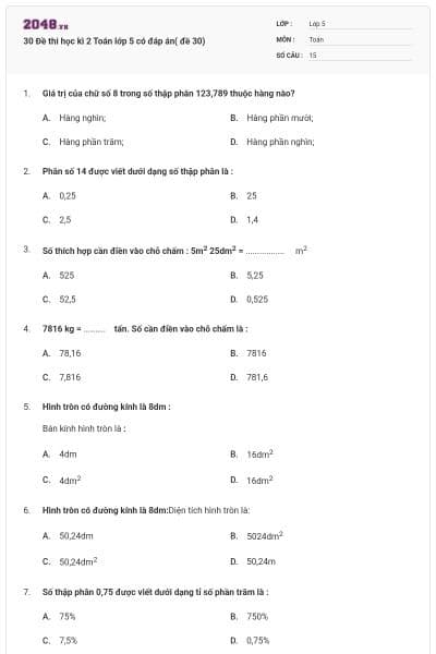 30 Đề thi học kì 2 Toán lớp 5 có đáp án( đề 30)