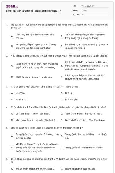 Đề thi thử Lịch Sử 2019 có lời giải chi tiết cực hay (P4)