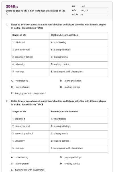 20 Đề thi giữa học kì 1 môn Tiếng Anh lớp 8 có đáp án (đề 1)