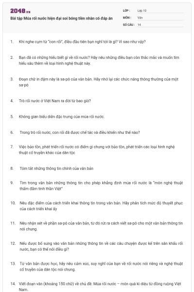 Bài tập Múa rối nước hiện đại soi bóng tiền nhân có đáp án