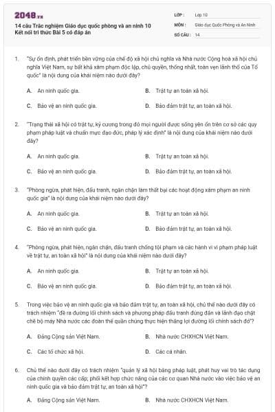 14 câu Trắc nghiệm Giáo dục quốc phòng và an ninh 10 Kết nối tri thức Bài 5 có đáp án
