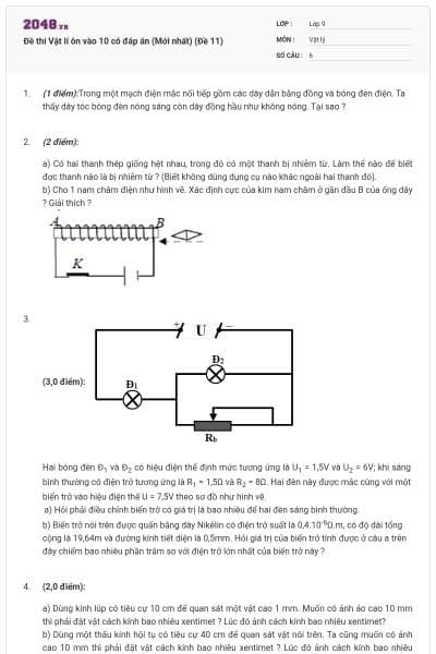 Đề thi Vật lí ôn vào 10 có đáp án (Mới nhất) (Đề 11)