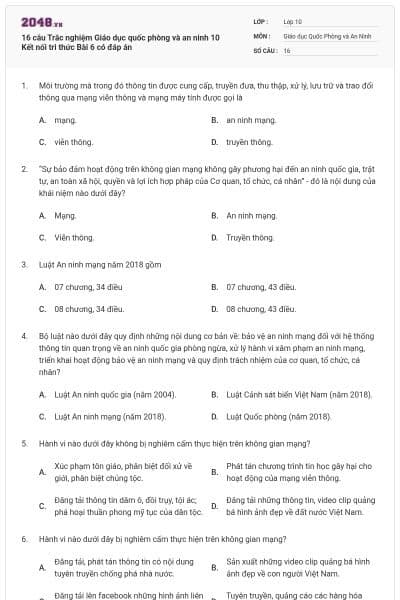 16 câu Trắc nghiệm Giáo dục quốc phòng và an ninh 10 Kết nối tri thức Bài 6 có đáp án