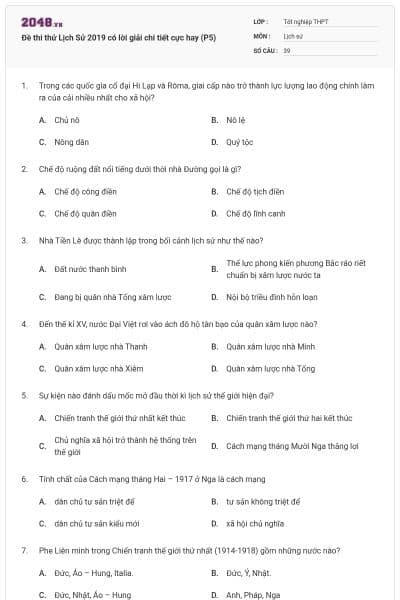 Đề thi thử Lịch Sử 2019 có lời giải chi tiết cực hay (P5)