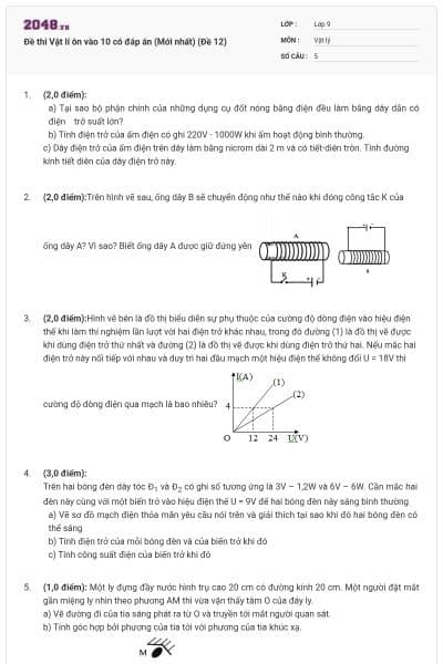 Đề thi Vật lí ôn vào 10 có đáp án (Mới nhất) (Đề 12)