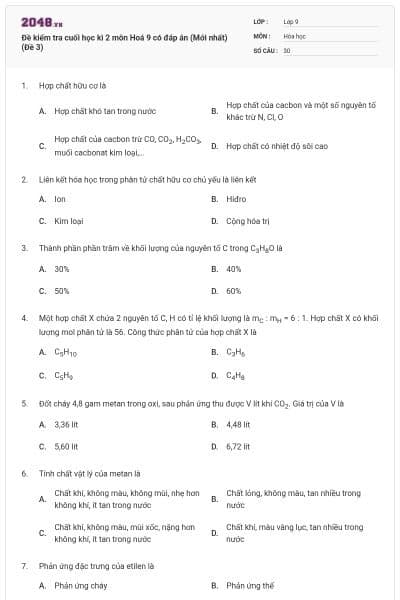Đề kiểm tra cuối học kì 2 môn Hoá 9 có đáp án (Mới nhất) (Đề 3)