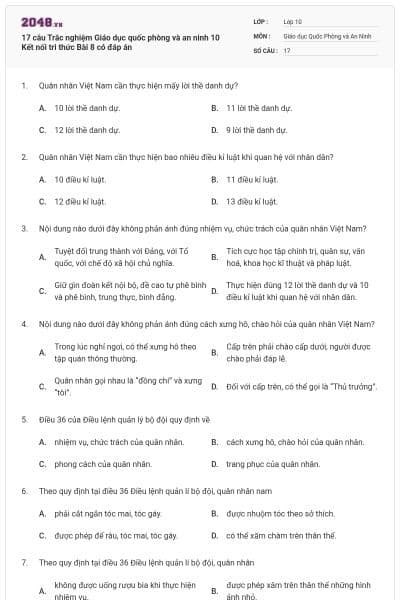 17 câu Trắc nghiệm Giáo dục quốc phòng và an ninh 10 Kết nối tri thức Bài 8 có đáp án