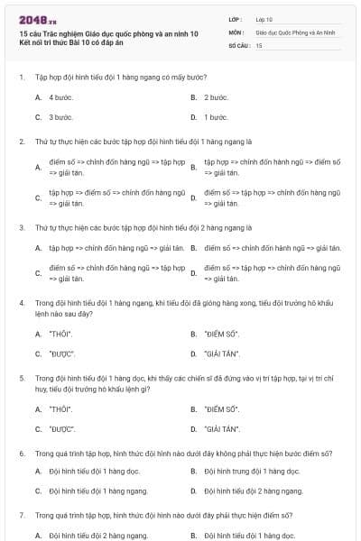15 câu Trắc nghiệm Giáo dục quốc phòng và an ninh 10 Kết nối tri thức Bài 10 có đáp án