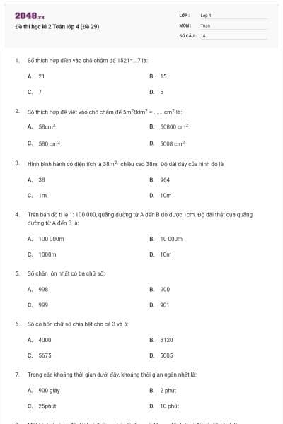 Đề thi học kì 2 Toán lớp 4 (Đề 29)