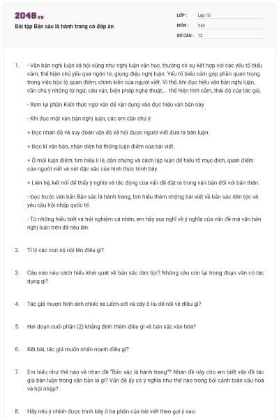 Bài tập Bản sắc là hành trang có đáp án