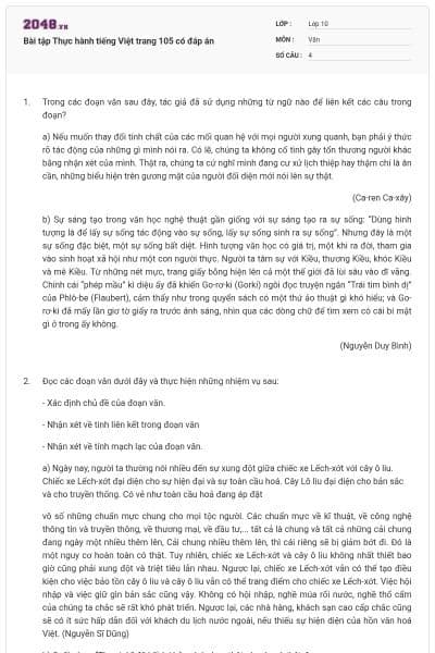 Bài tập Thực hành tiếng Việt trang 105 có đáp án