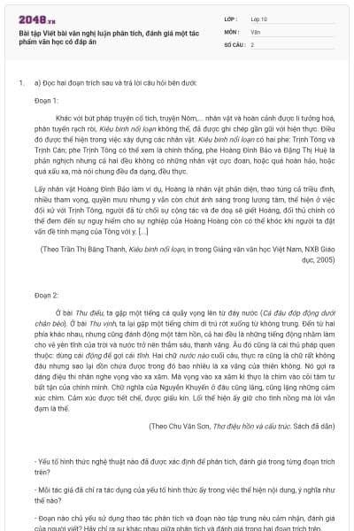 Bài tập Viết bài văn nghị luận phân tích, đánh giá một tác phẩm văn học có đáp án