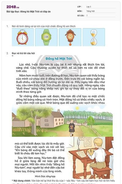 Bài tập Đọc: Đồng hồ Mặt Trời có đáp án