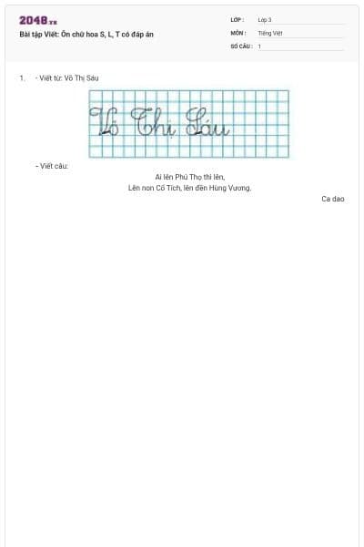 Bài tập Viết: Ôn chữ hoa S, L, T có đáp án