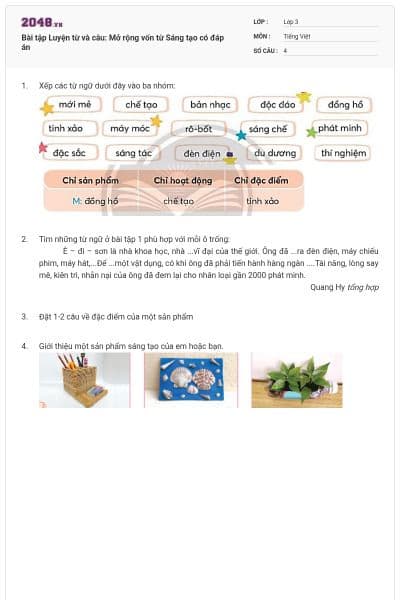 Bài tập Luyện từ và câu: Mở rộng vốn từ Sáng tạo có đáp án