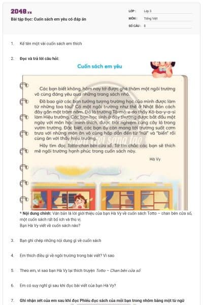 Bài tập Đọc: Cuốn sách em yêu có đáp án