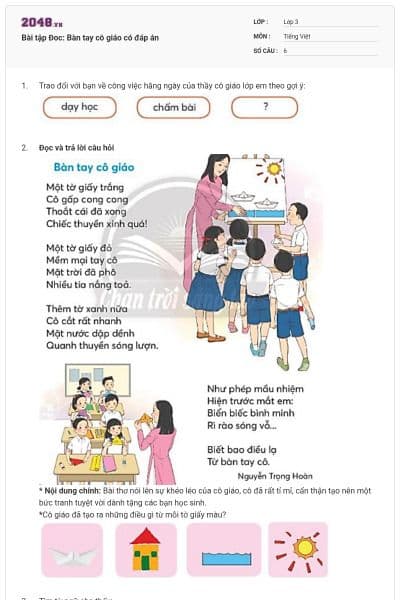 Bài tập Đoc: Bàn tay cô giáo có đáp án