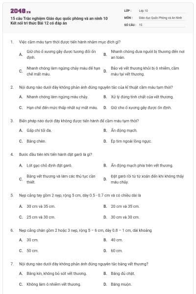 15 câu Trắc nghiệm Giáo dục quốc phòng và an ninh 10 Kết nối tri thức Bài 12 có đáp án