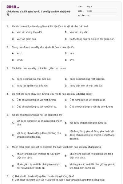 Đề kiểm tra Vật lí 8 giữa học kì 1 có đáp án (Mới nhất) (Đề 3)