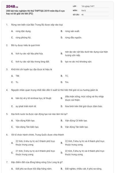 200 bài trắc nghiệm thi thử THPTQG 2019 môn Địa lí cực hay có lời giải chi tiêt (P2)