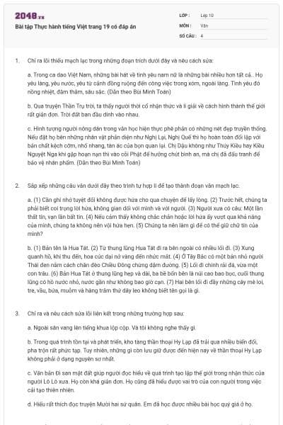Bài tập Thực hành tiếng Việt trang 19 có đáp án
