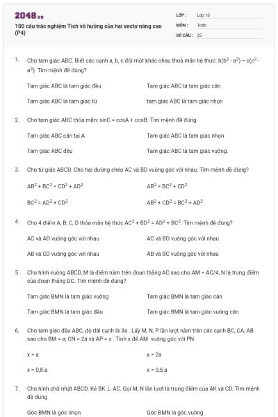 100 câu trắc nghiệm Tích vô hướng của hai vectơ nâng cao (P4)