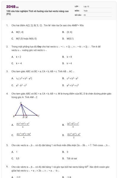 100 câu trắc nghiệm Tích vô hướng của hai vectơ nâng cao (P2)