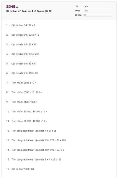 Đề thi học kì 1 Toán lớp 4 có đáp án (Đề 10)